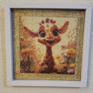 Sparkling Giraffe Diamond Art in White Frame